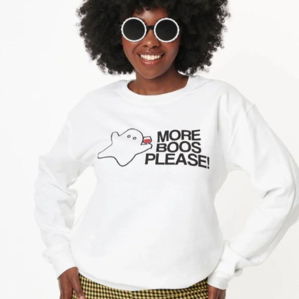 Unique Vintage More Boos Please Graphic Sweatshirt White Halloween Sz L # 0259